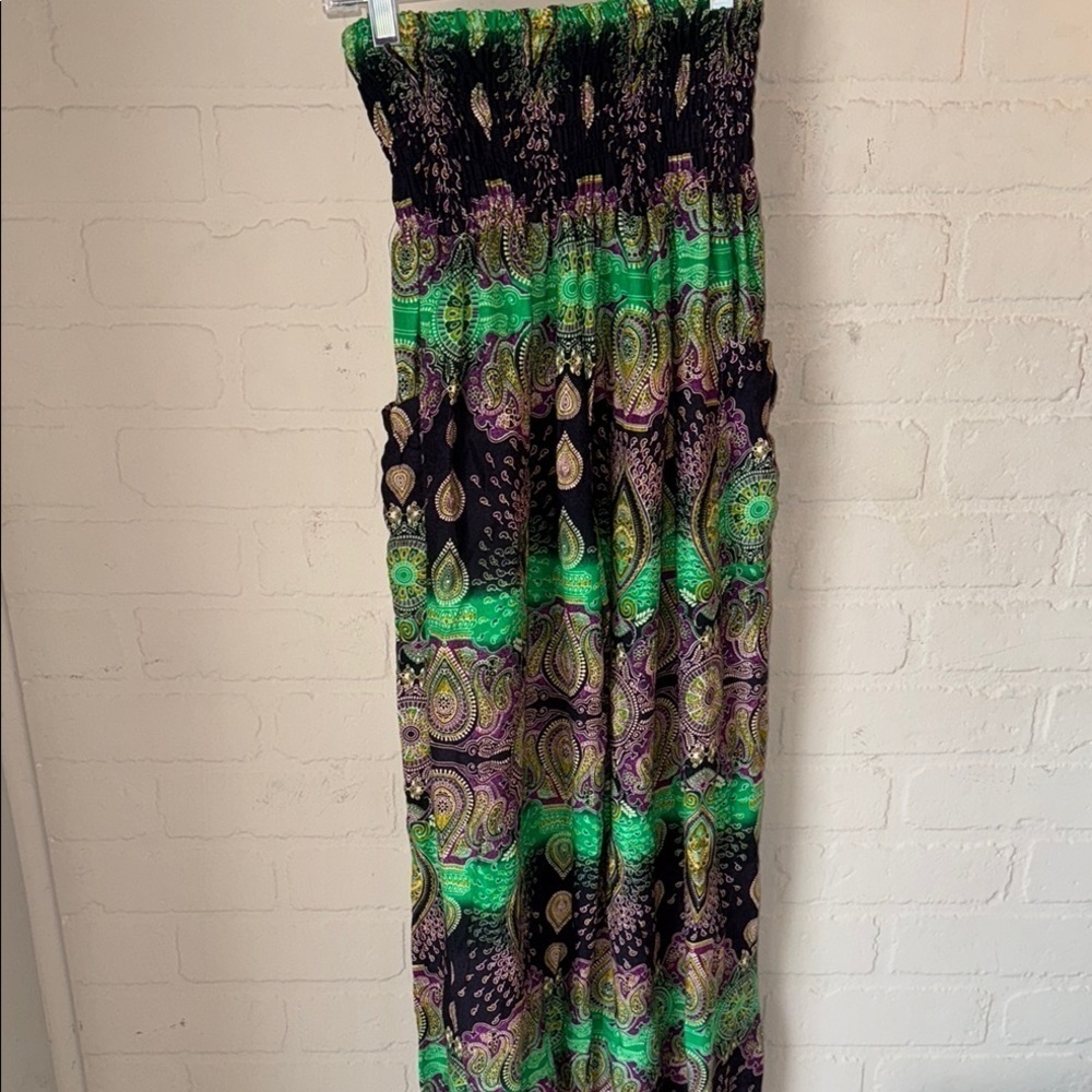 Kathmanda imports pants medium to large Paisley Print Green Black purple hippie